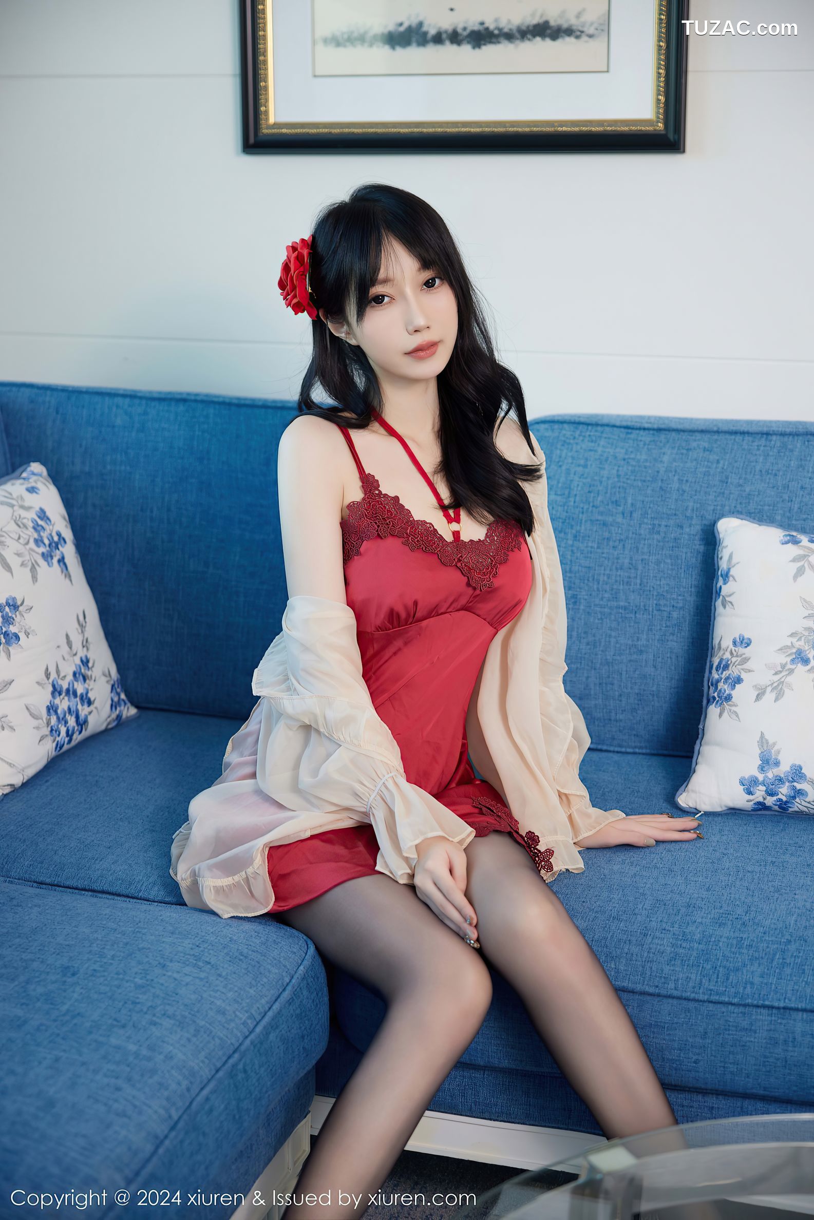 XiuRen秀人网-9488-玥儿玥er-红色睡裙红色内衣黑丝-2024.11.22