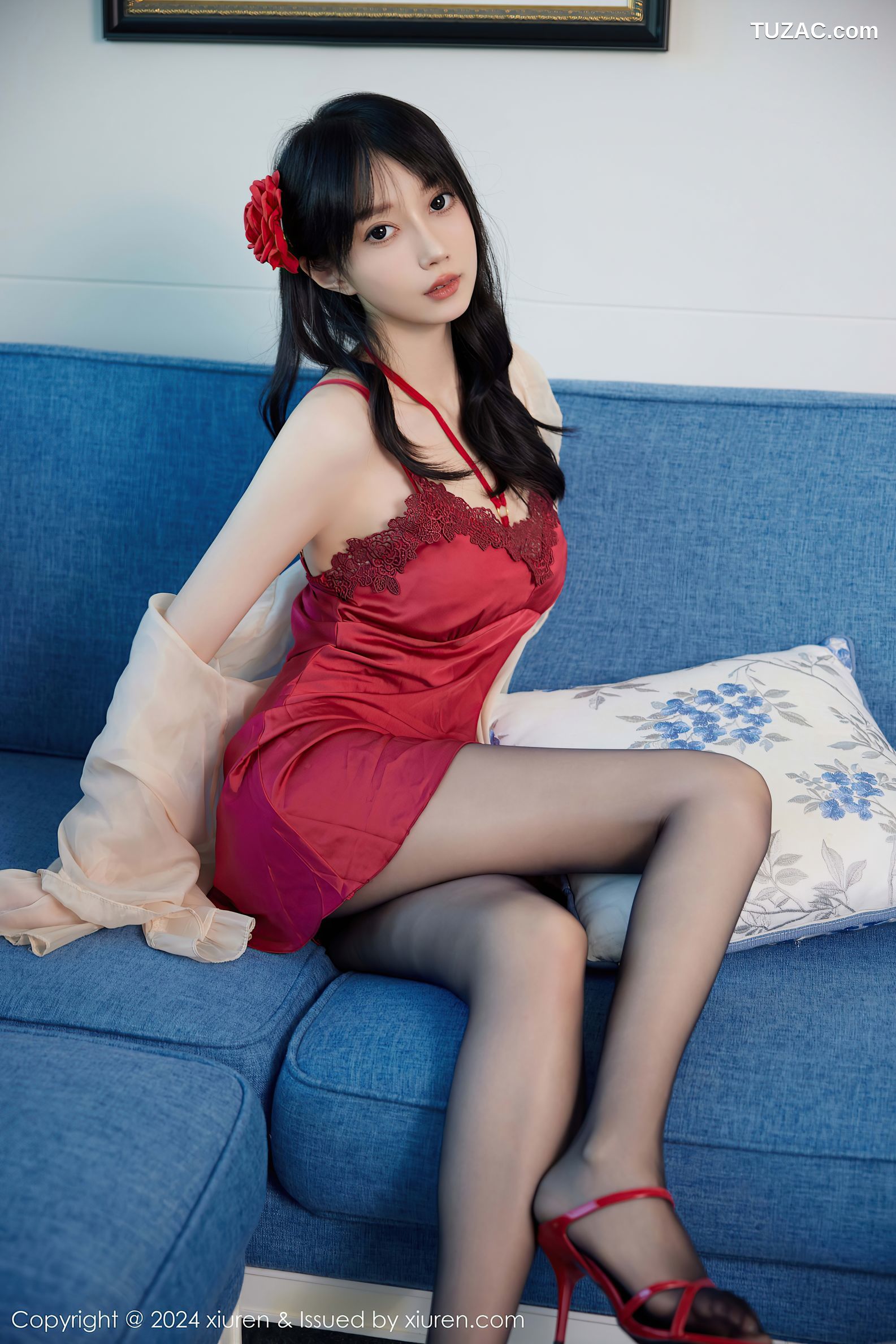 XiuRen秀人网-9488-玥儿玥er-红色睡裙红色内衣黑丝-2024.11.22