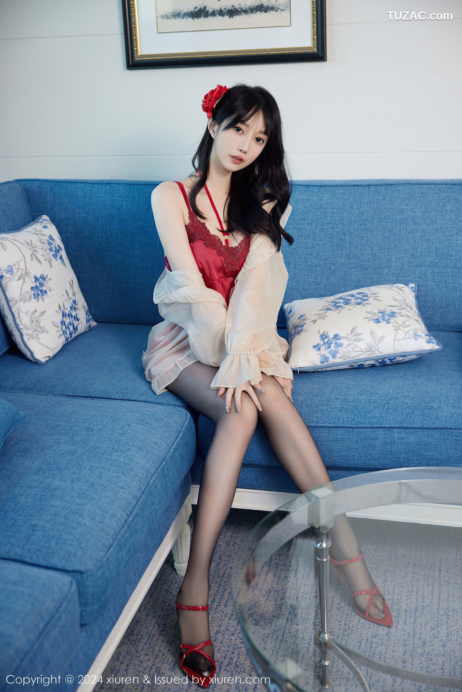 XiuRen秀人网-9488-玥儿玥er-红色睡裙红色内衣黑丝-2024.11.22