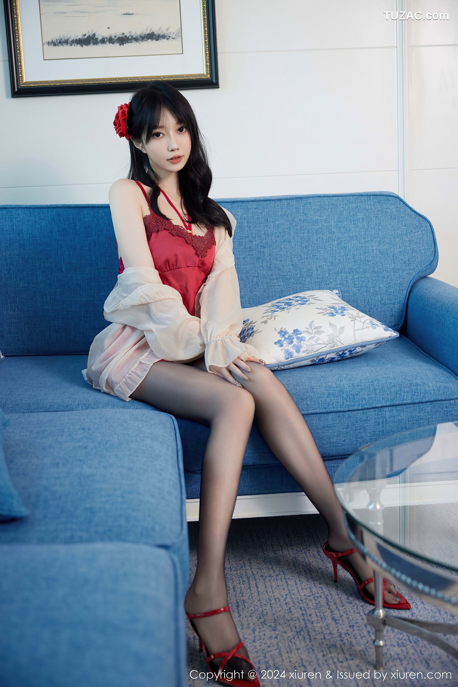 XiuRen秀人网-9488-玥儿玥er-红色睡裙红色内衣黑丝-2024.11.22
