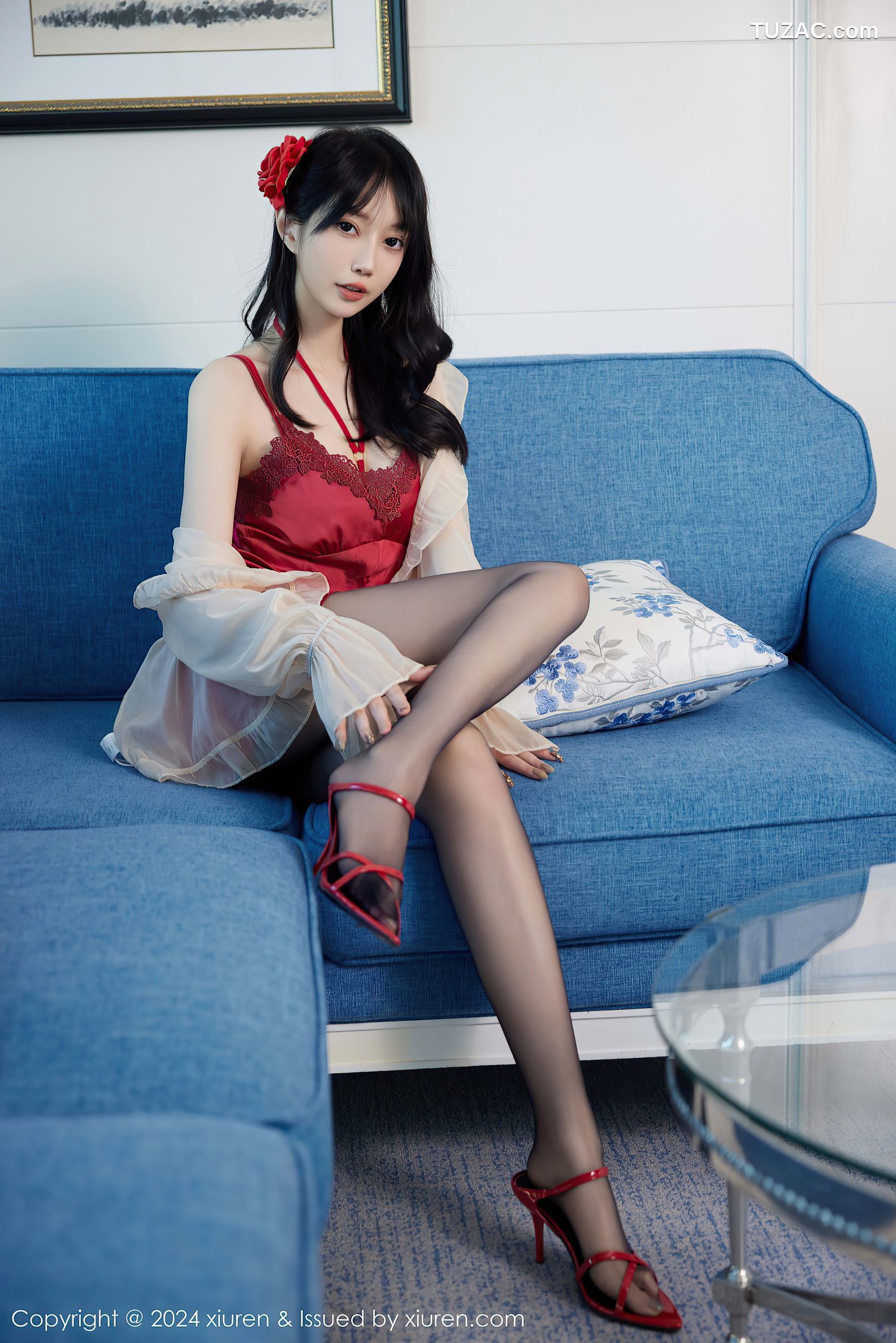 XiuRen秀人网-9488-玥儿玥er-红色睡裙红色内衣黑丝-2024.11.22