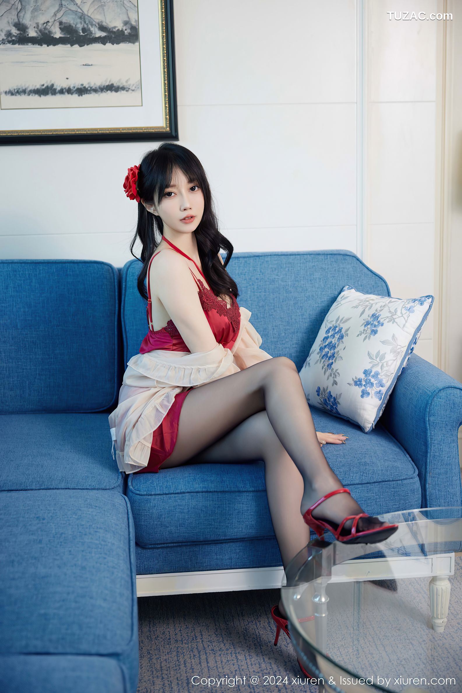 XiuRen秀人网-9488-玥儿玥er-红色睡裙红色内衣黑丝-2024.11.22