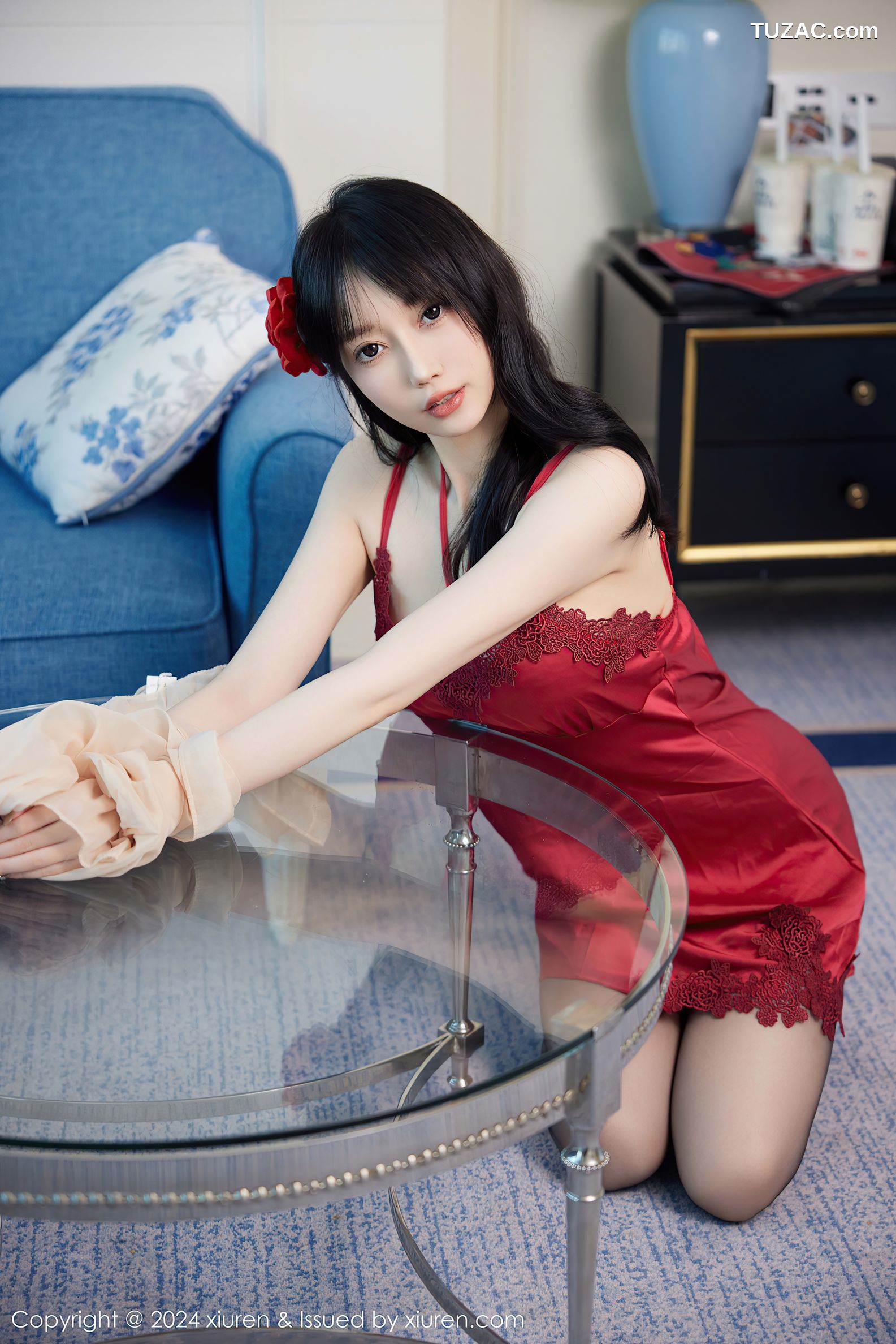 XiuRen秀人网-9488-玥儿玥er-红色睡裙红色内衣黑丝-2024.11.22