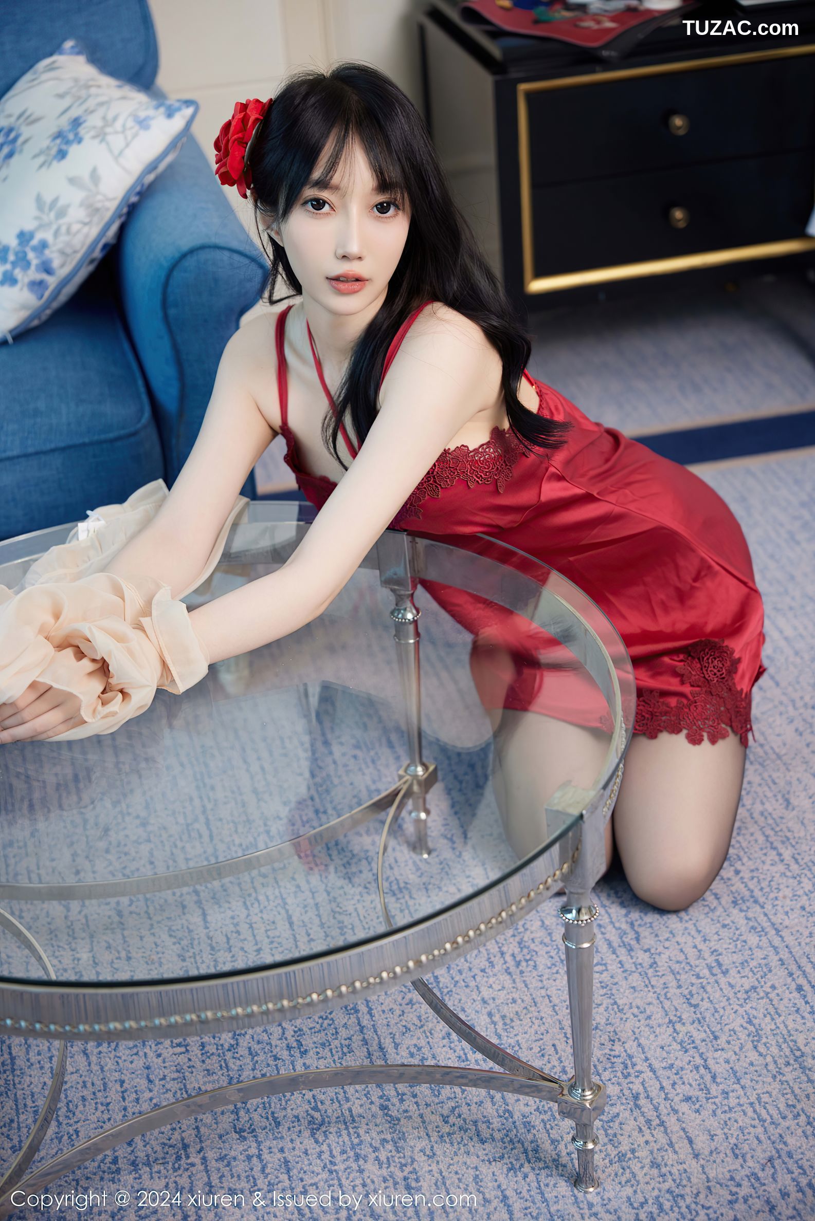 XiuRen秀人网-9488-玥儿玥er-红色睡裙红色内衣黑丝-2024.11.22