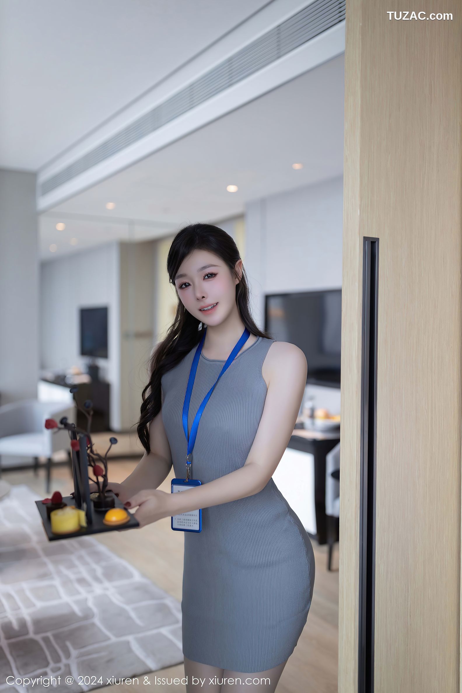 XiuRen秀人网-9493-小逗逗-OL灰色针织连衣短裙紫色内衣-2024.11.22