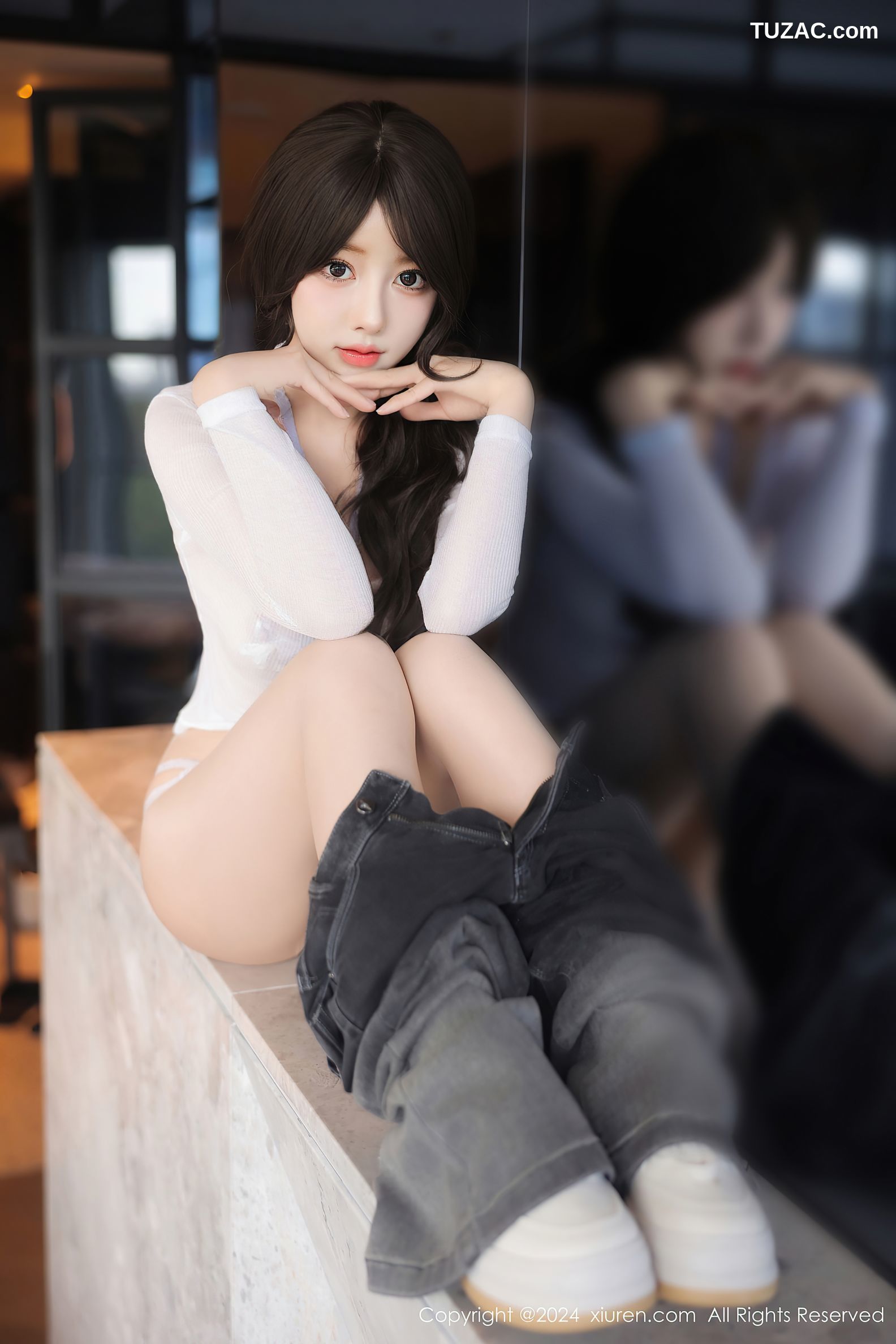 XiuRen秀人网-9524-桃妖夭-白T灰黑牛仔裤情趣白蕾丝爆乳-2024.11.29