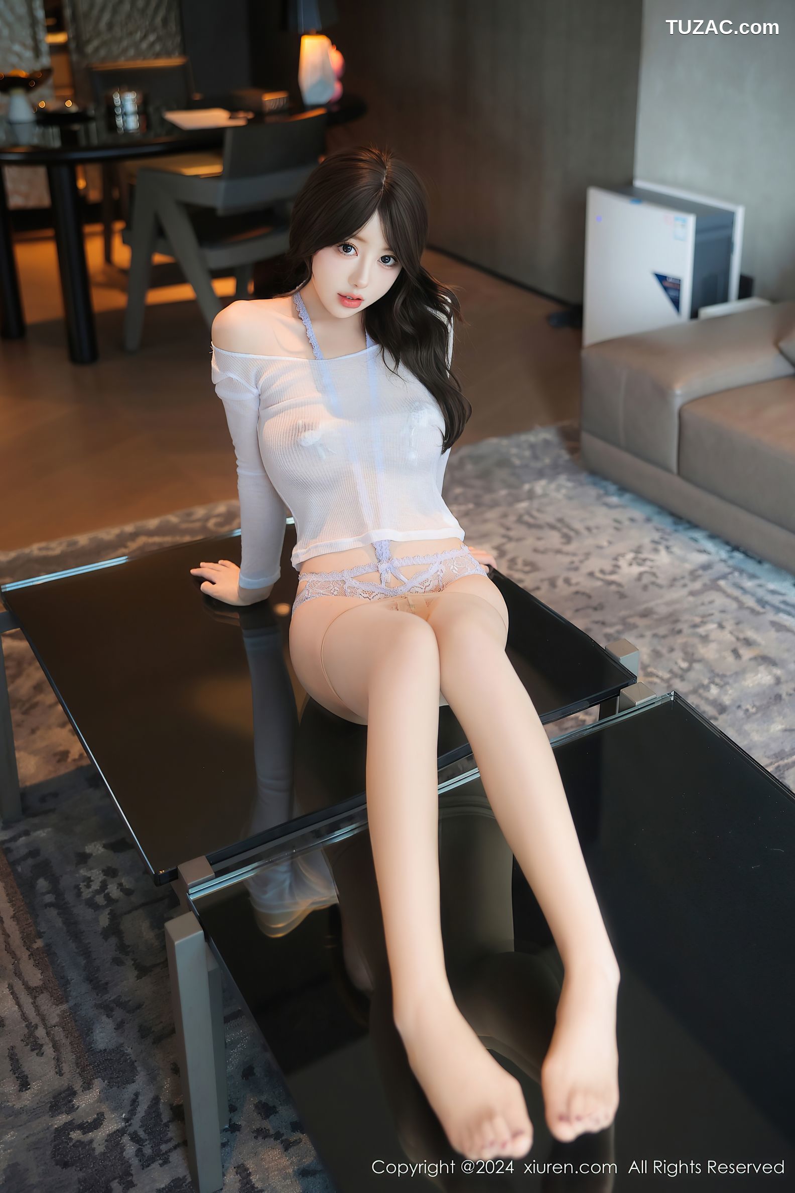 XiuRen秀人网-9524-桃妖夭-白T灰黑牛仔裤情趣白蕾丝爆乳-2024.11.29