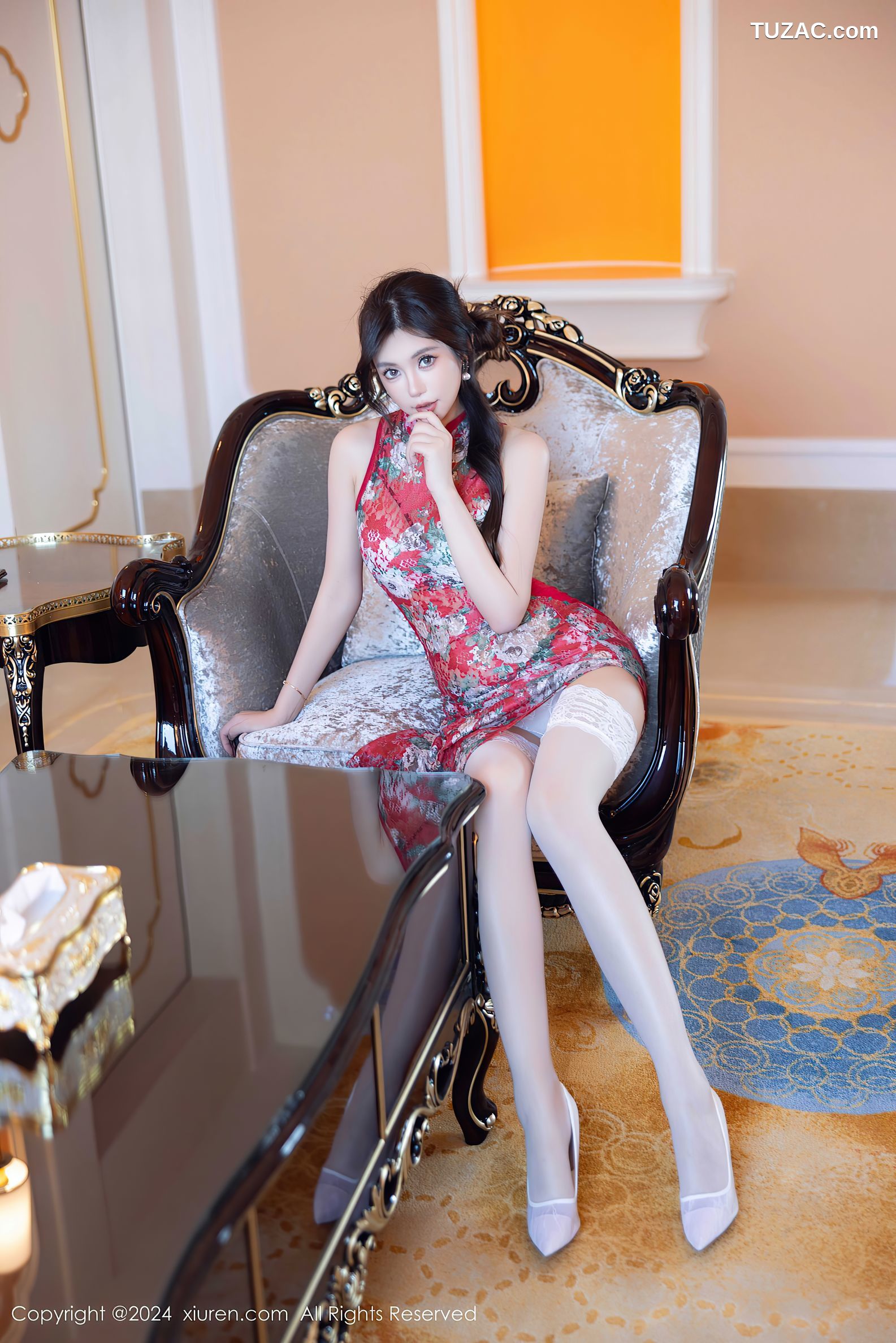 XiuRen秀人网-9529-绮里嘉ula-红色白印花旗袍-轻透红纱旗袍款睡衣-2024.11.29