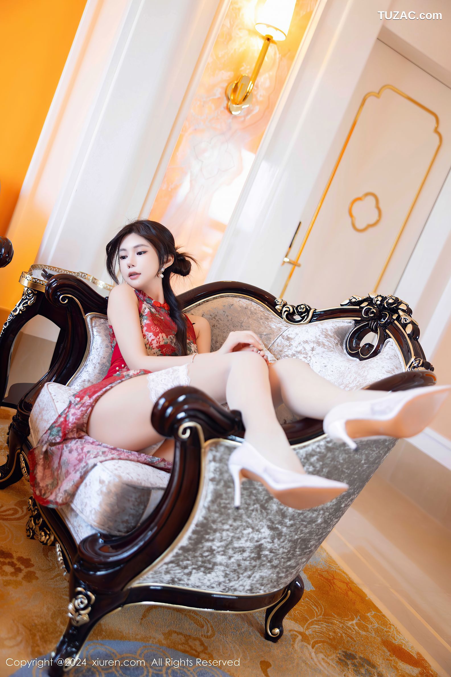 XiuRen秀人网-9529-绮里嘉ula-红色白印花旗袍-轻透红纱旗袍款睡衣-2024.11.29