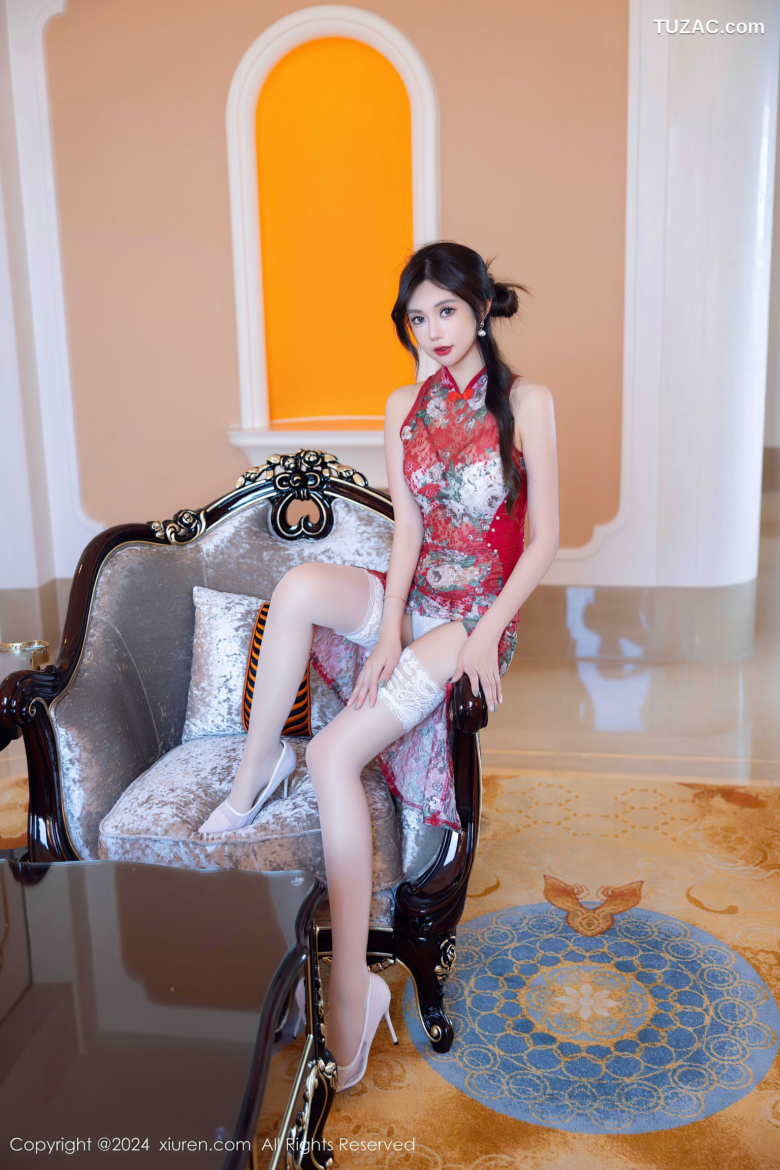 XiuRen秀人网-9529-绮里嘉ula-红色白印花旗袍-轻透红纱旗袍款睡衣-2024.11.29