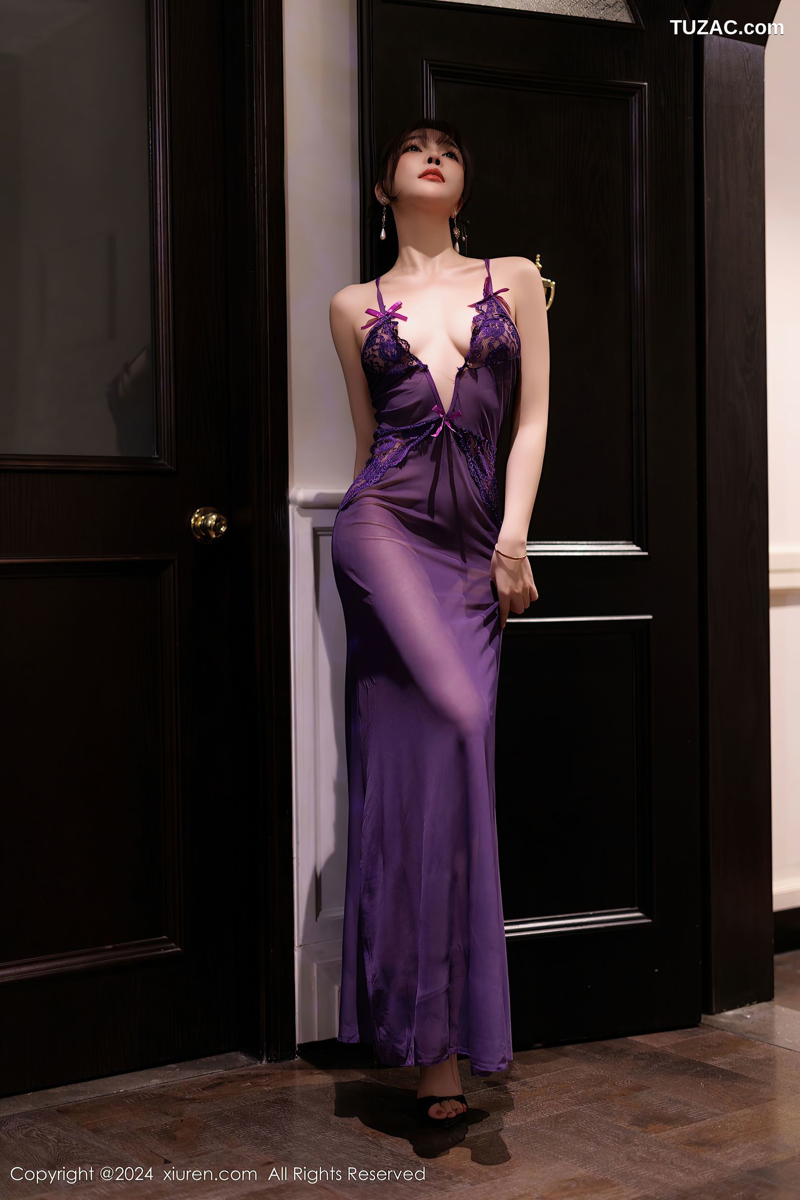 XiuRen秀人网-9553-徐莉芝Booty-气质酒红印花旗袍紫色轻薄吊带睡衣长裙-2024.12.05