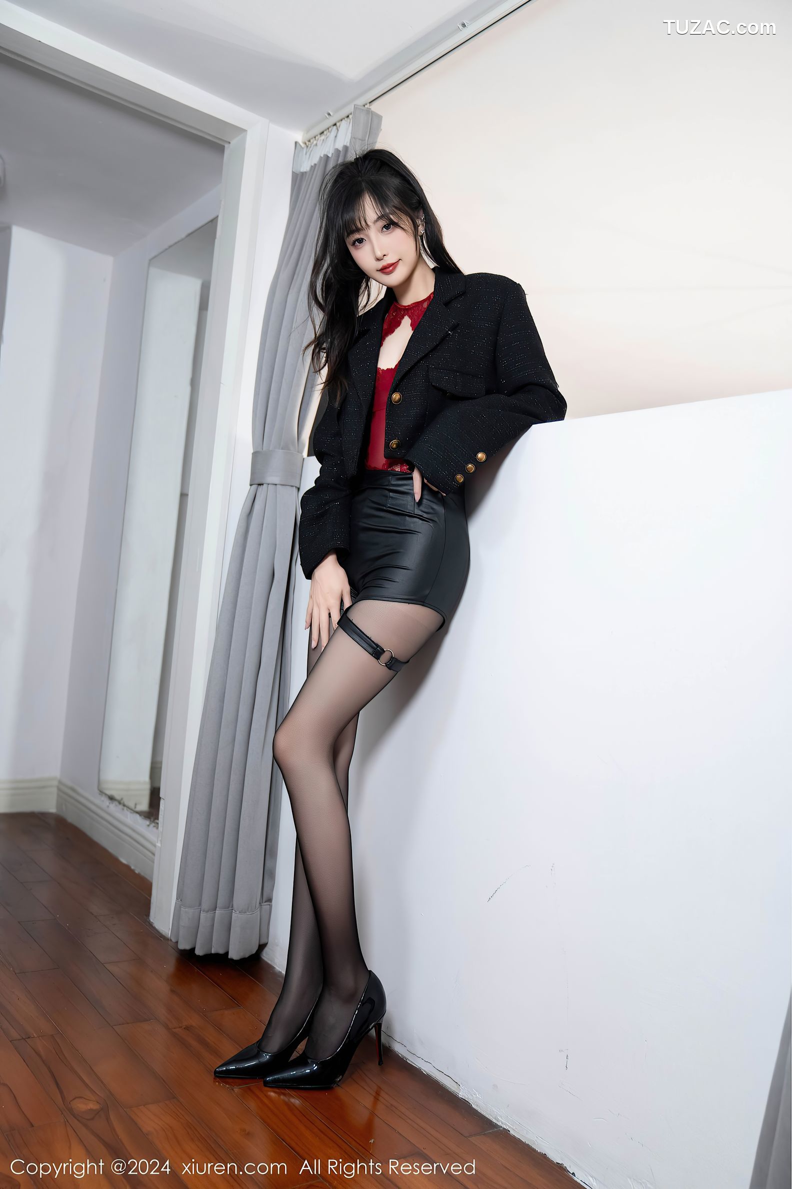XiuRen秀人网-9561-林星阑-黑夹克皮短裙红蕾丝内衣黑丝-2024.12.06