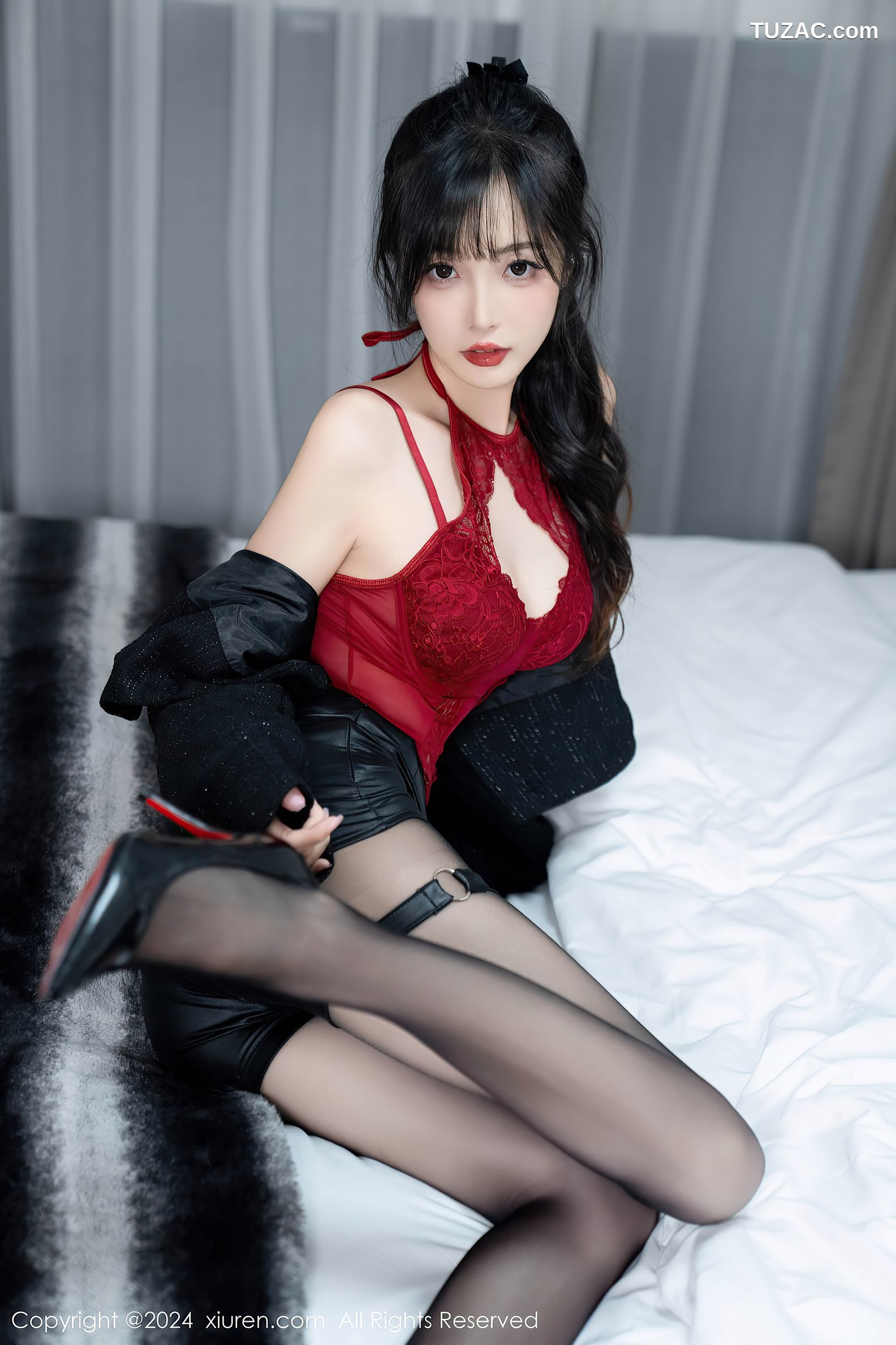 XiuRen秀人网-9561-林星阑-黑夹克皮短裙红蕾丝内衣黑丝-2024.12.06
