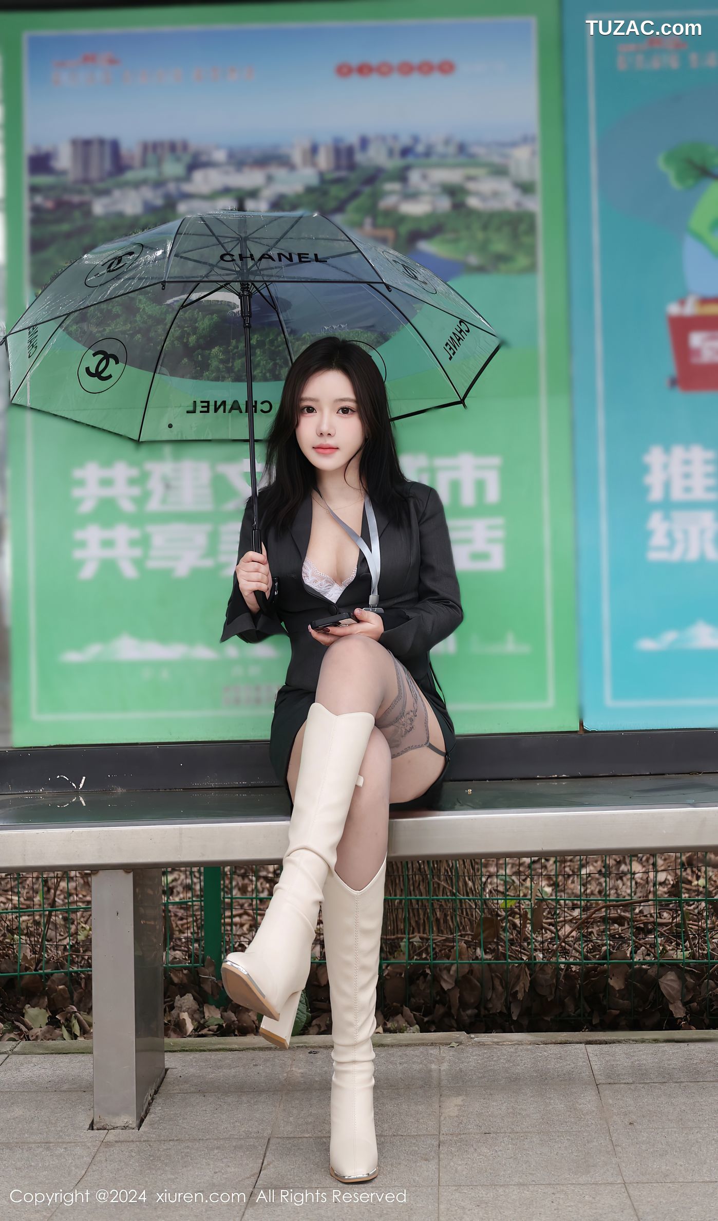XiuRen秀人网-9595-小薯条nienie-OL灰色裙装灰丝白蕾丝内衣街拍露出-2024.12.13
