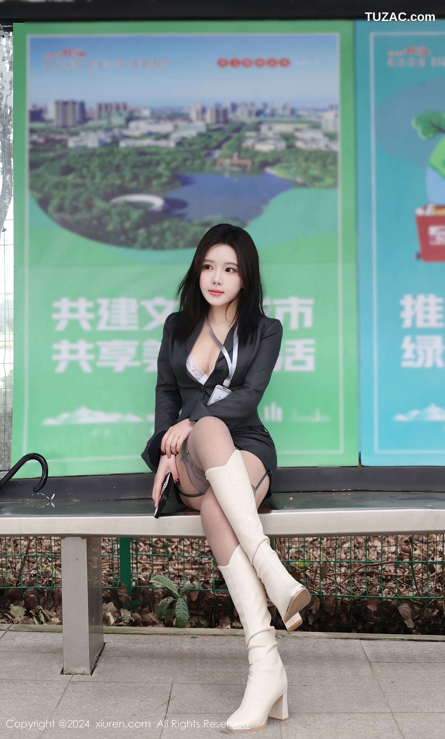 XiuRen秀人网-9595-小薯条nienie-OL灰色裙装灰丝白蕾丝内衣街拍露出-2024.12.13
