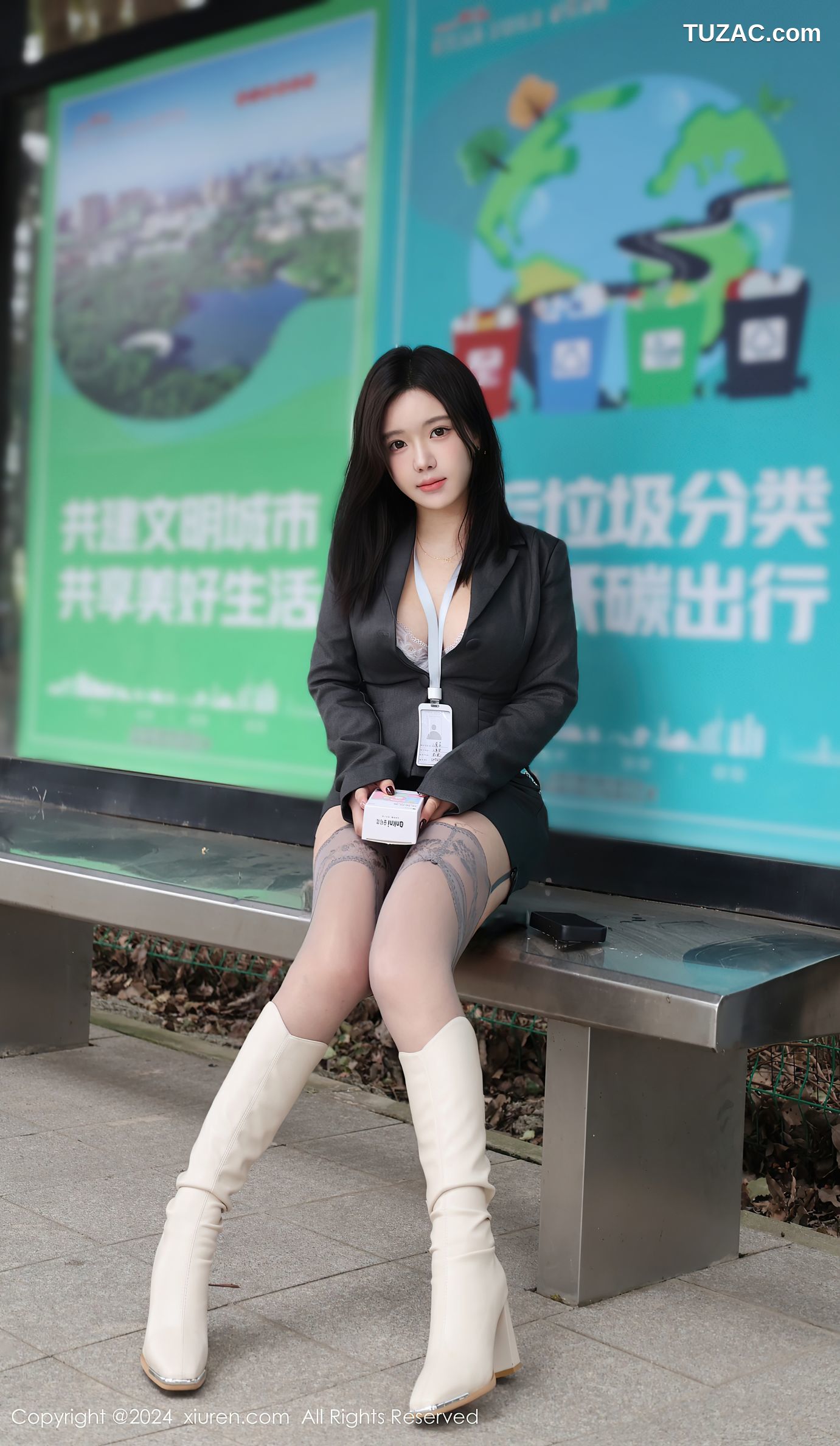 XiuRen秀人网-9595-小薯条nienie-OL灰色裙装灰丝白蕾丝内衣街拍露出-2024.12.13