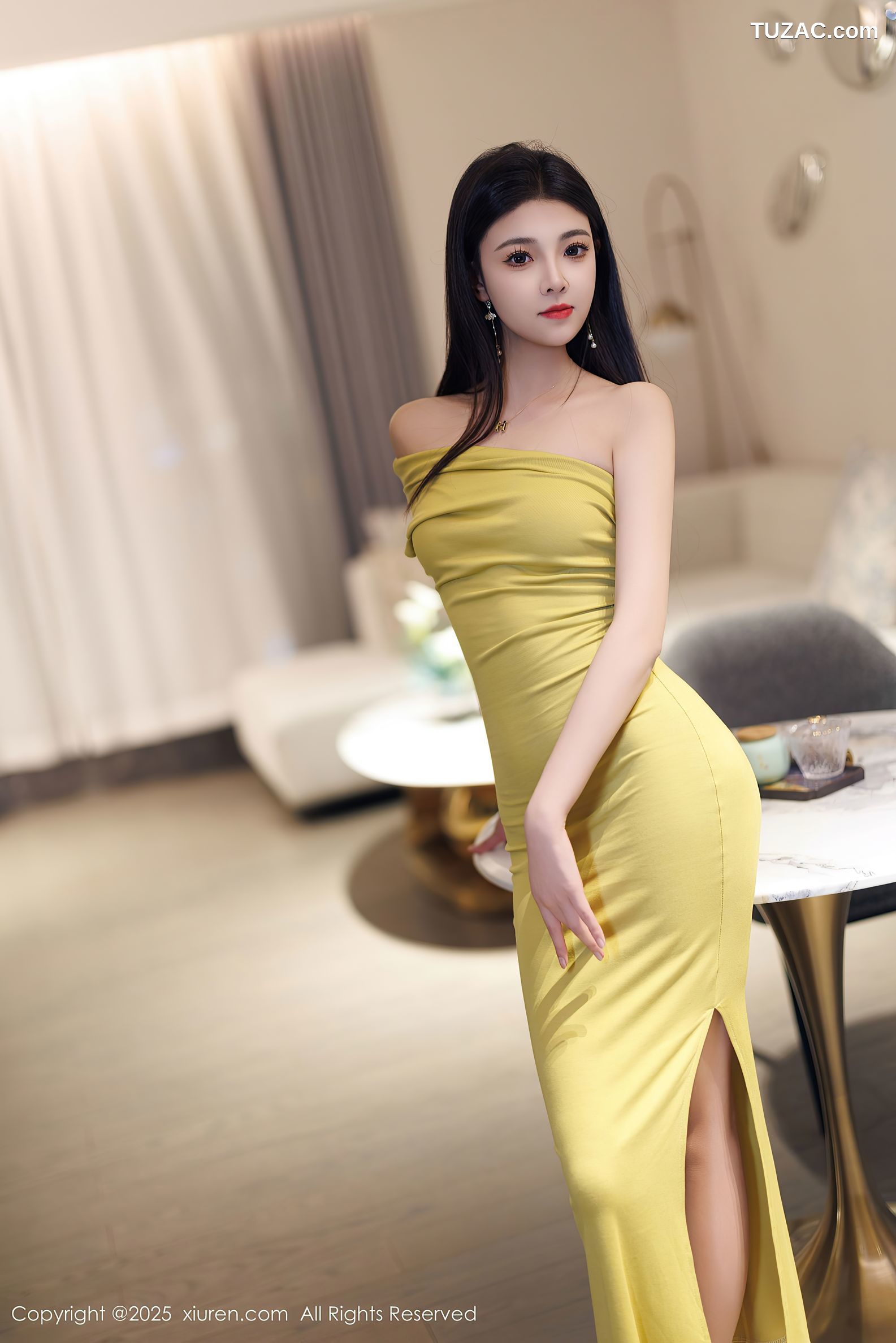 XiuRen秀人网-9761-初梦瑶-鹅黄连衣长裙黑蕾丝内衣-2025.01.15