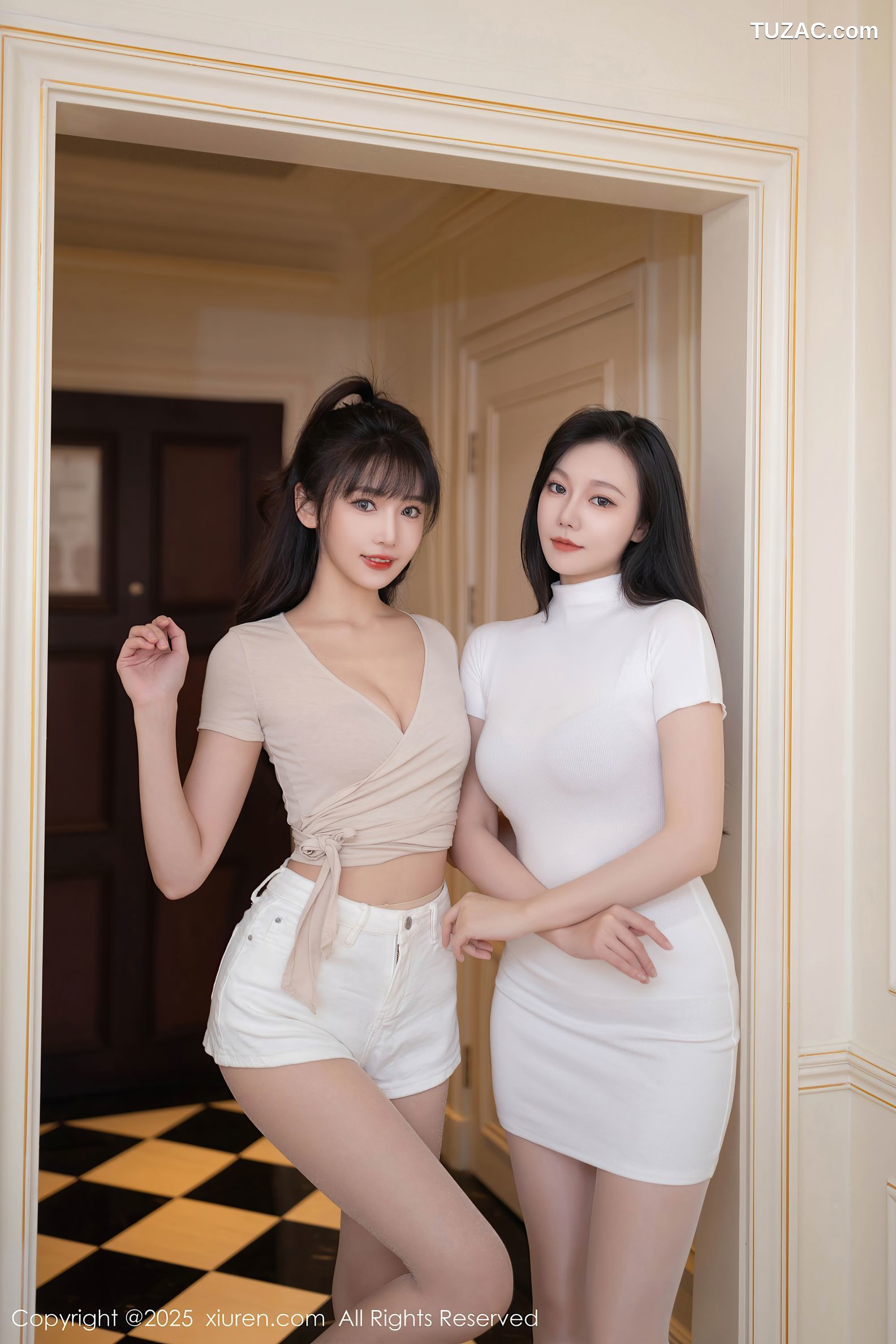 XiuRen秀人网-9806-陆萱萱-初梦瑶-白色连衣短裙粉色内衣姐妹花-2025.01.23