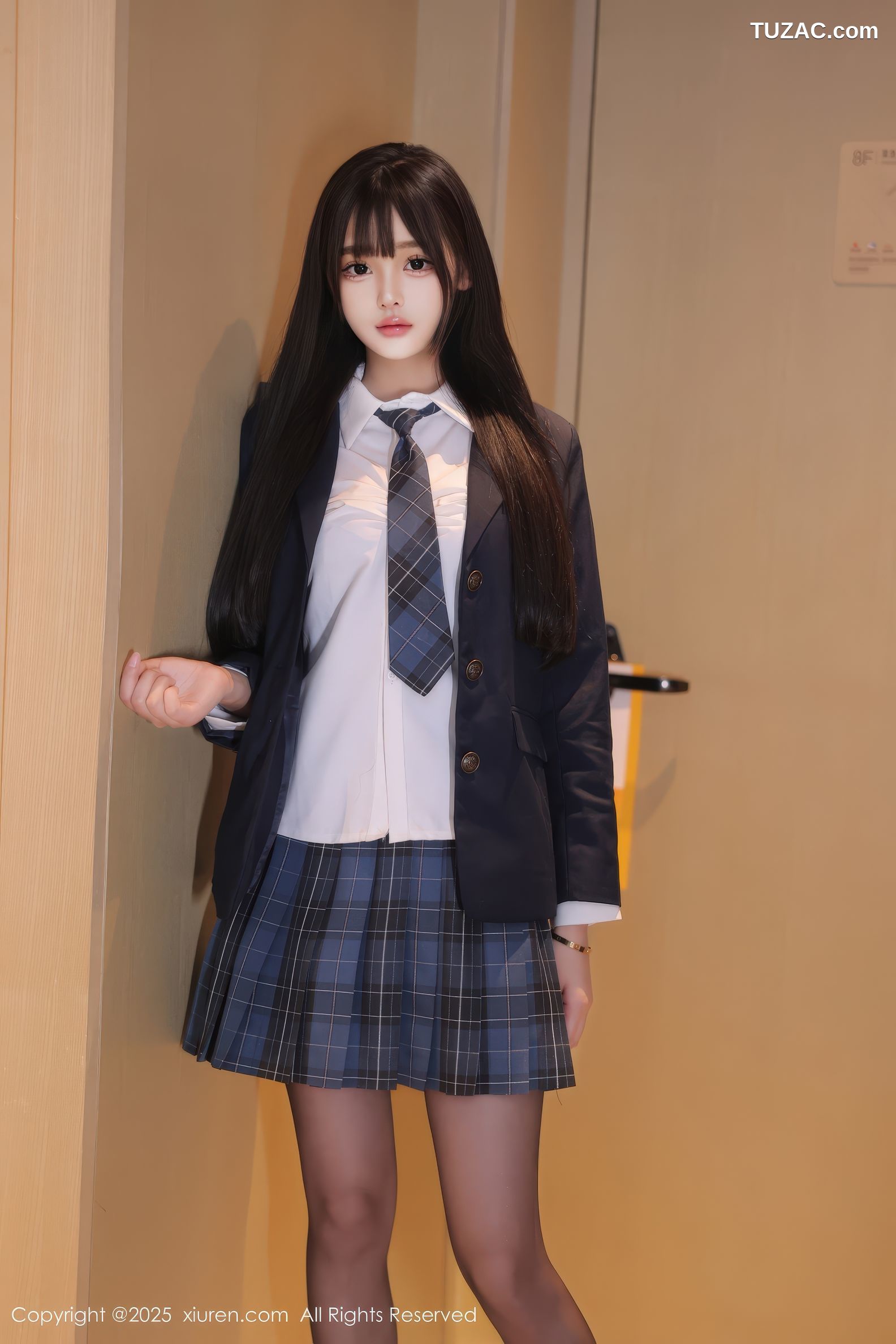 XiuRen秀人网-9853-余安安-黑外套白衬衫格子短裙清纯JK学生装黑蕾丝内衣黑丝爆乳-2025.02.08