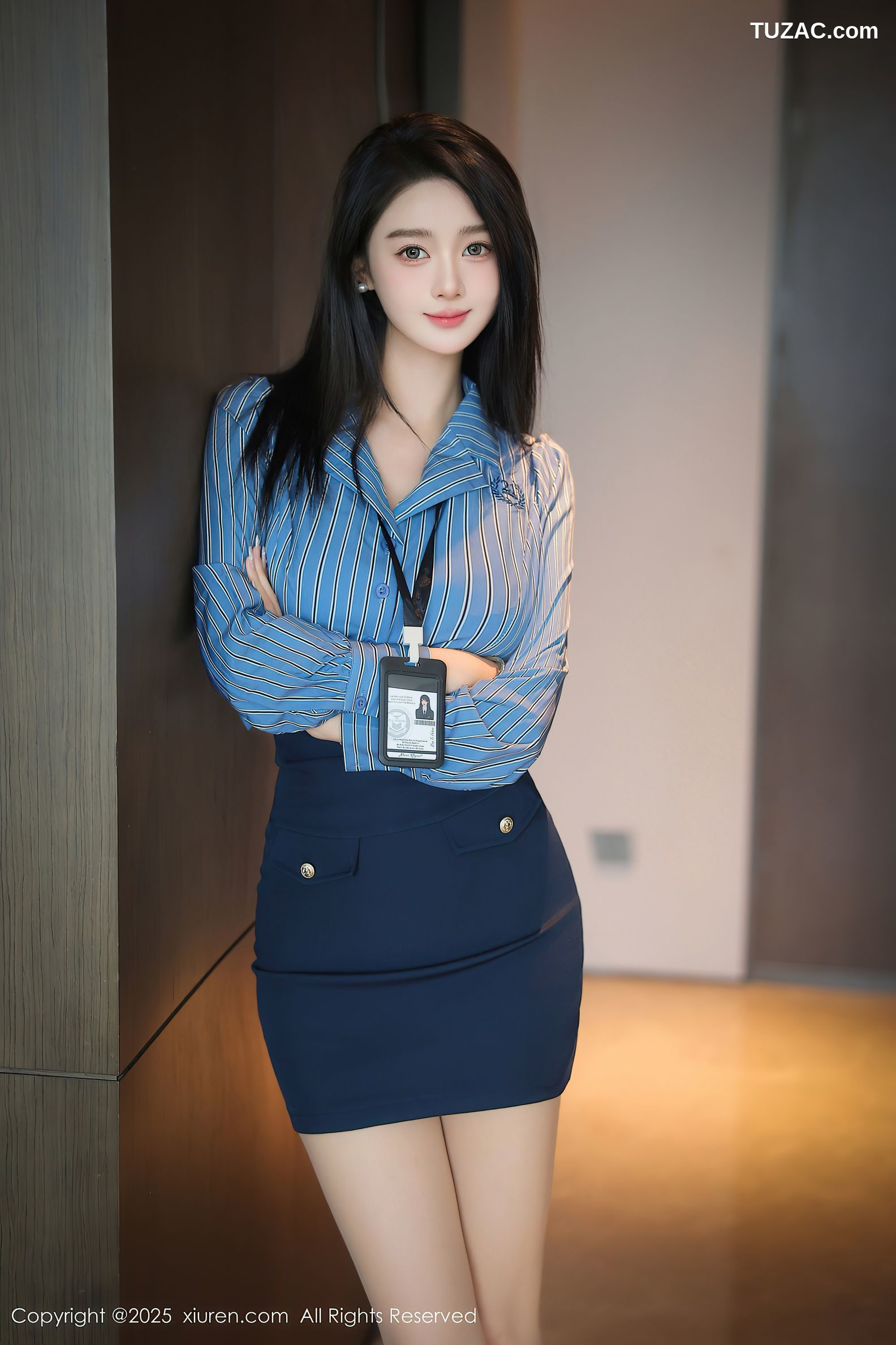 XiuRen秀人网-9921-Candy糖糖-OL蓝色条纹衬衫深蓝短裙紫色内衣肉丝-2025.02.21