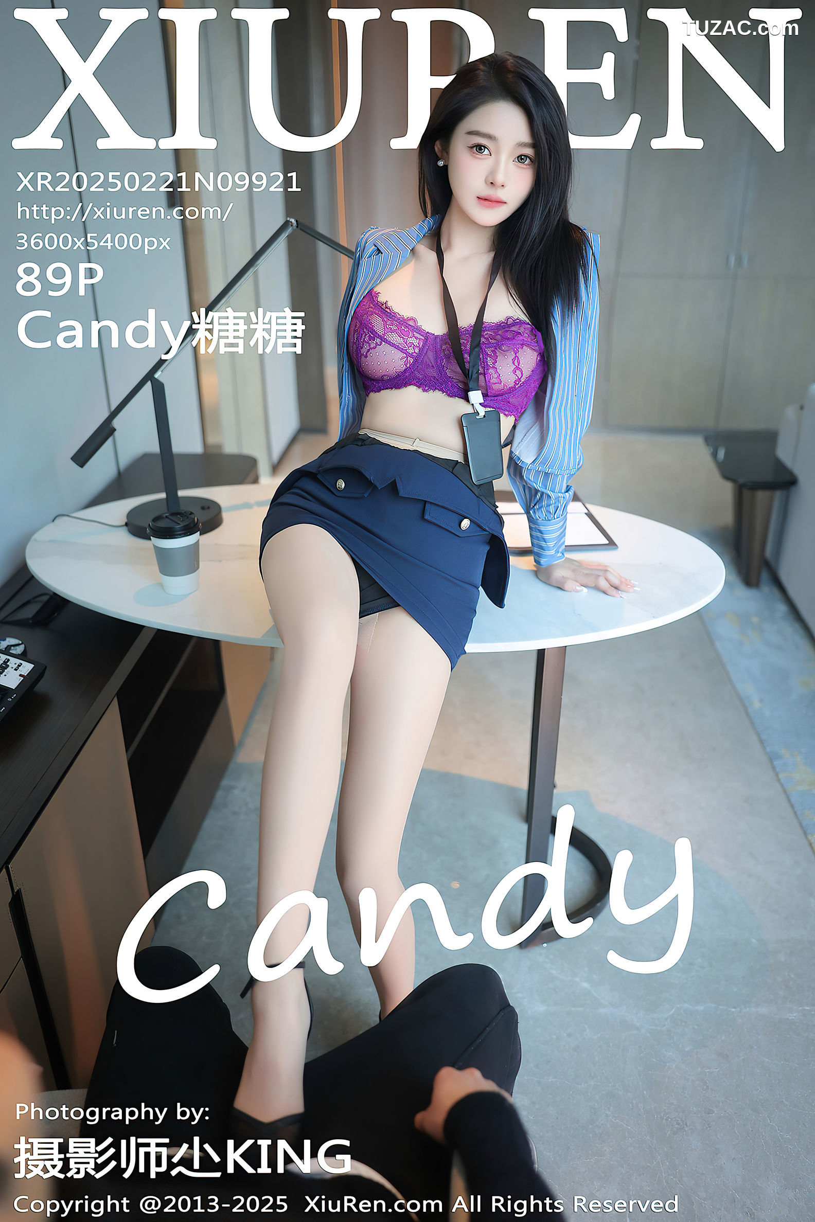 XiuRen秀人网-9921-Candy糖糖-OL蓝色条纹衬衫深蓝短裙紫色内衣肉丝-2025.02.21