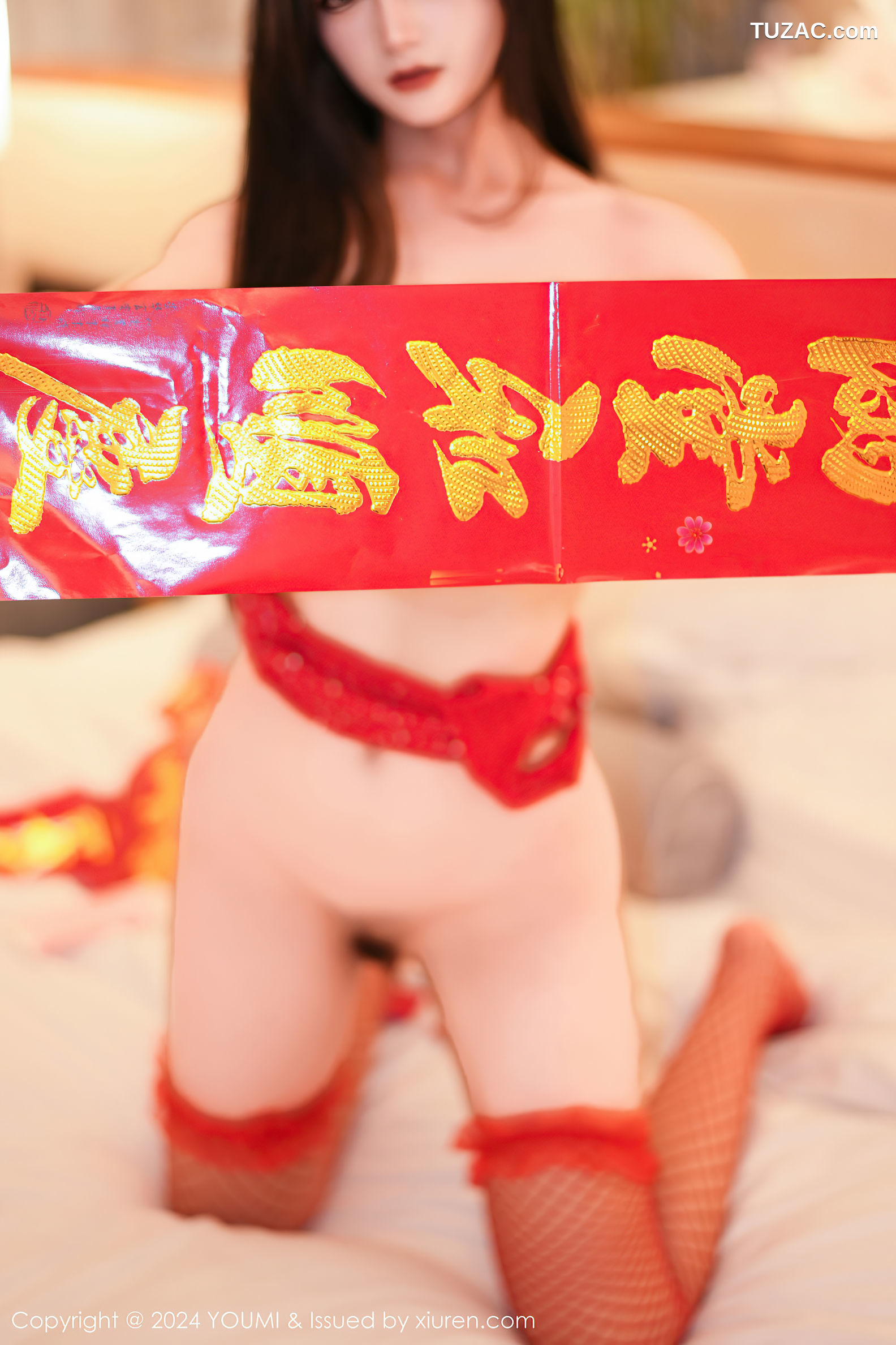 YouMi尤蜜荟-1032-谭小灵-红色蕾丝情趣内衣红丝网袜-2024.02.08