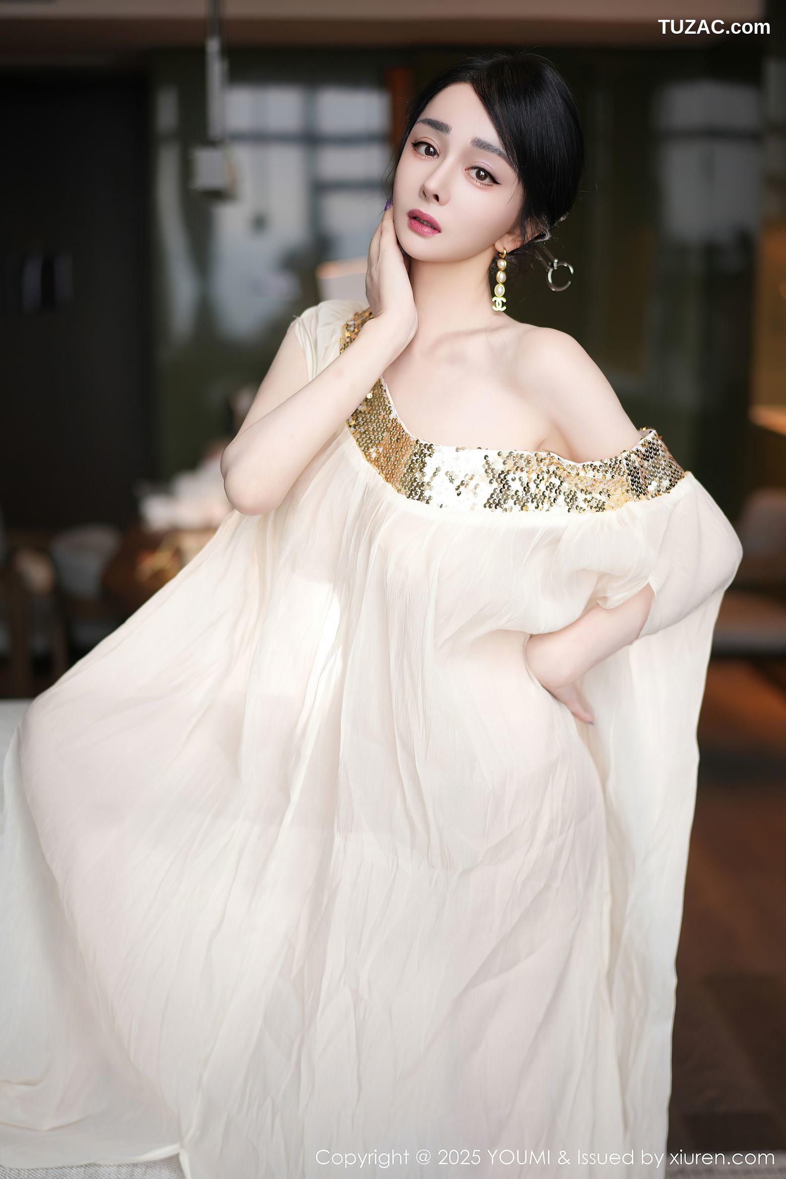 YouMi尤蜜荟-1132-允爾-轻透白纱裙金色珠链内衣-2025.04.25
