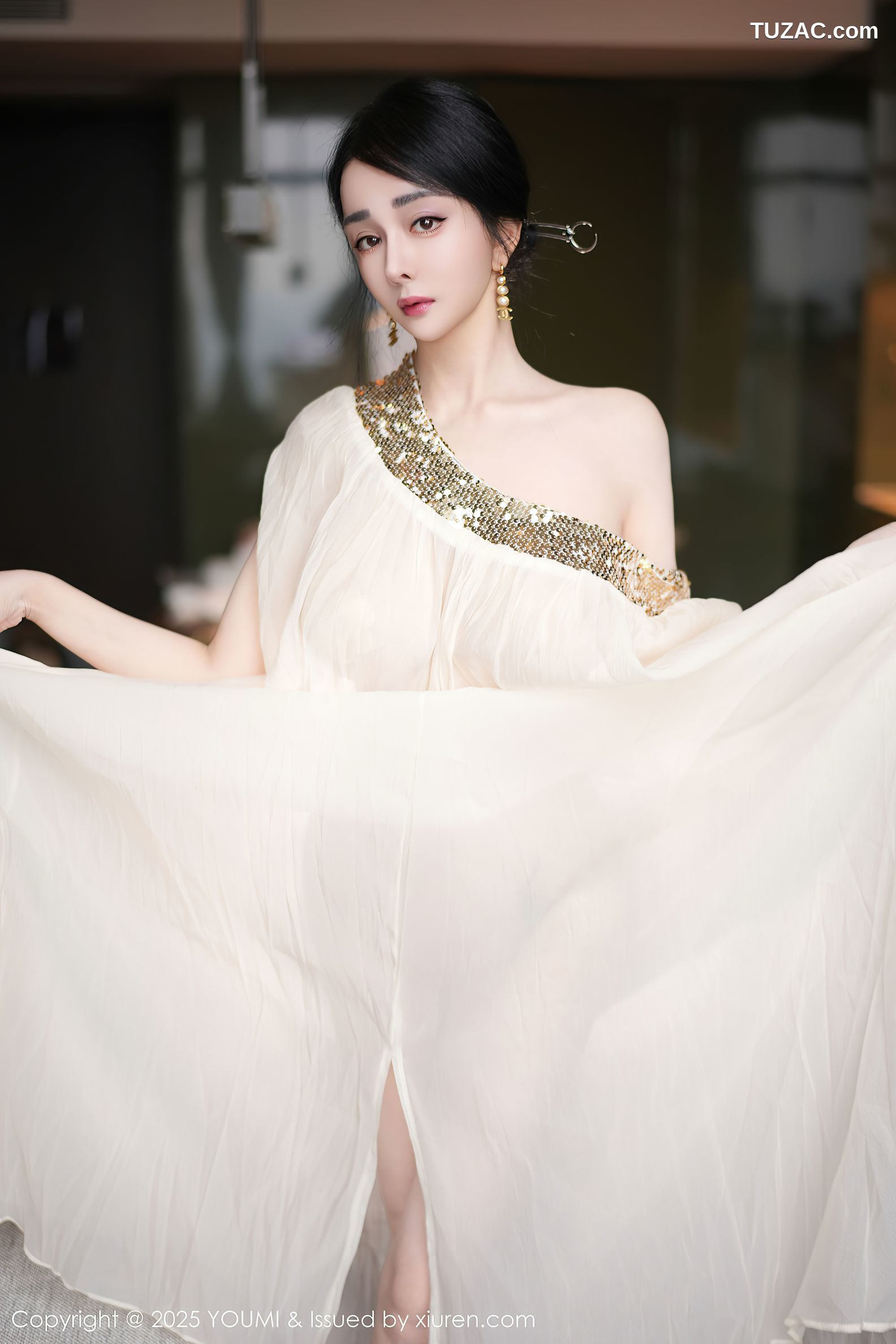 YouMi尤蜜荟-1132-允爾-轻透白纱裙金色珠链内衣-2025.04.25