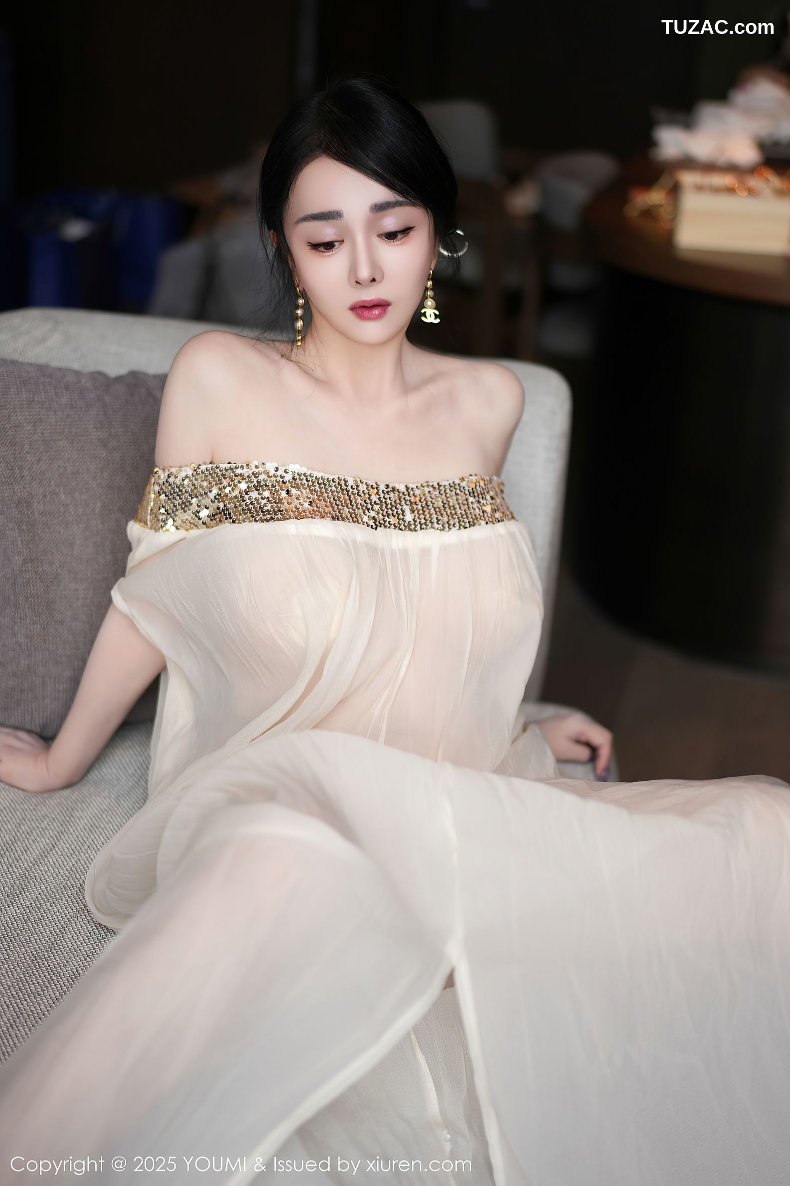 YouMi尤蜜荟-1132-允爾-轻透白纱裙金色珠链内衣-2025.04.25