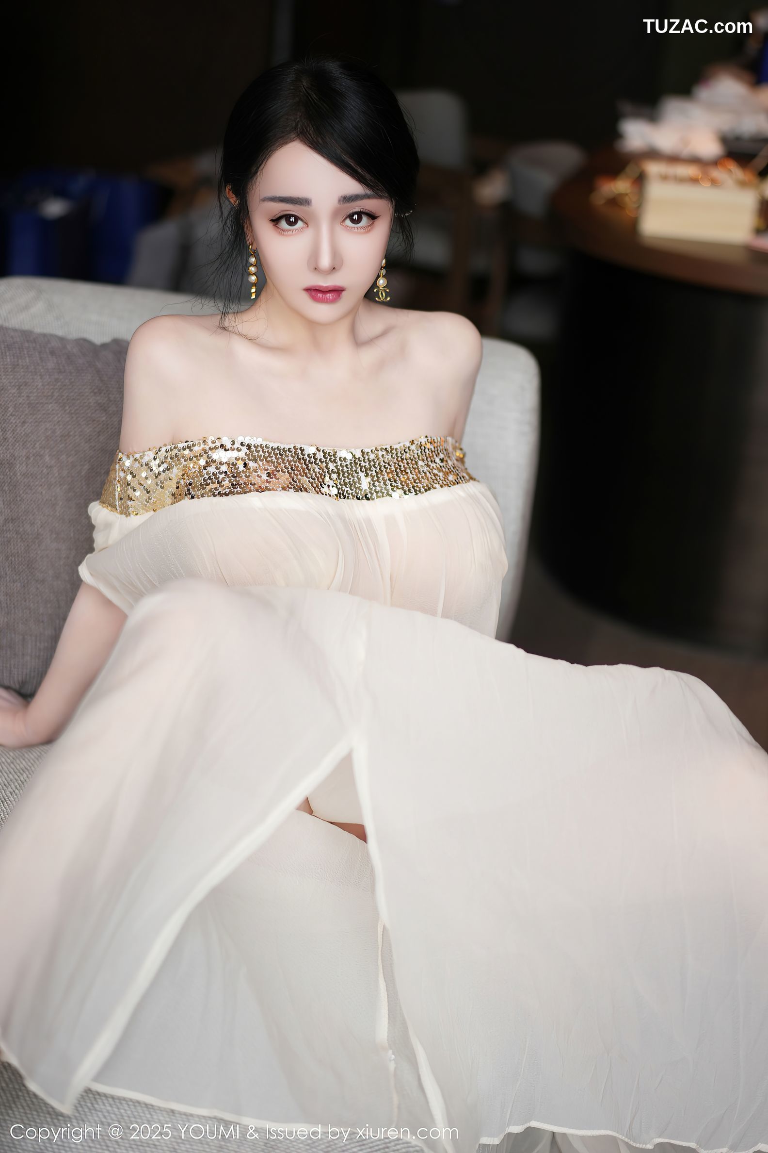 YouMi尤蜜荟-1132-允爾-轻透白纱裙金色珠链内衣-2025.04.25