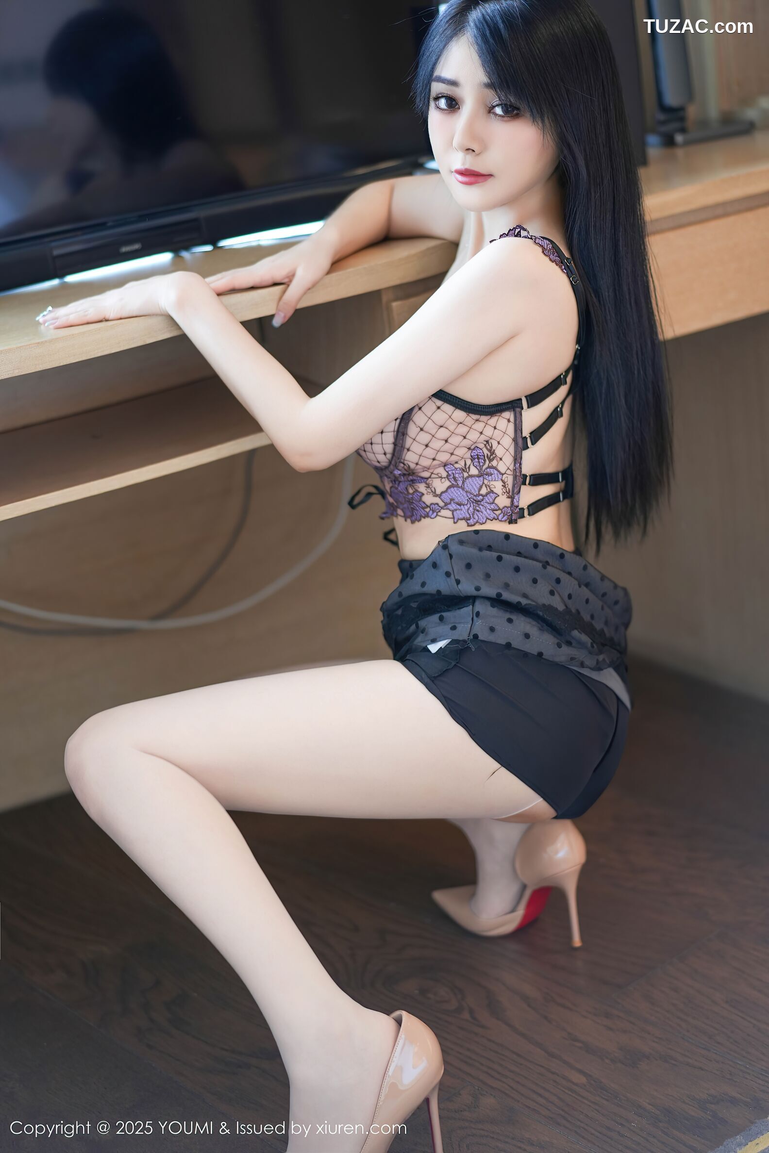 YouMi尤蜜荟-1169-凯竹Quinn-白衬衫波点短裙紫蕾丝内衣-2025.09.24