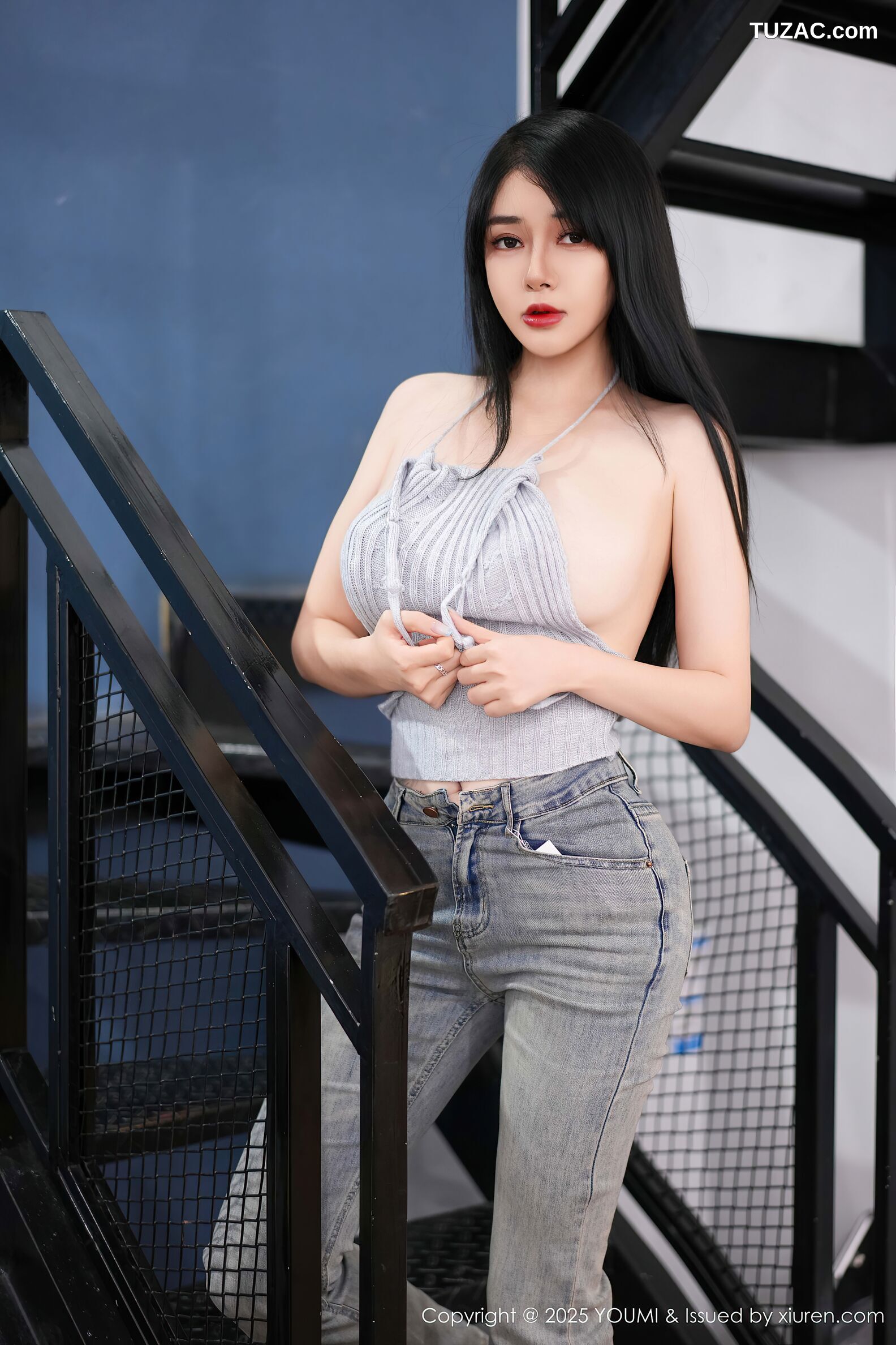 YouMi尤蜜荟-1171-凯竹Quinn-浅灰针织吊带牛仔裤黑丝-2025.10.09