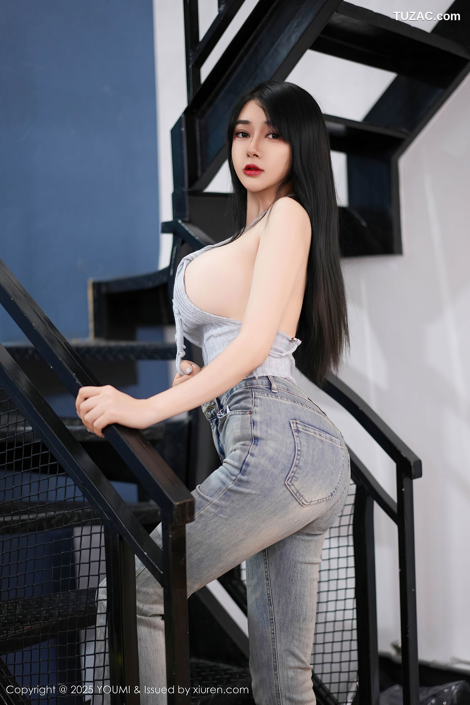 YouMi尤蜜荟-1171-凯竹Quinn-浅灰针织吊带牛仔裤黑丝-2025.10.09